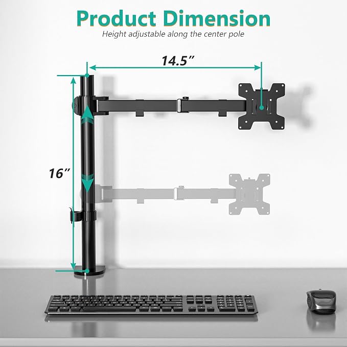 WALI Single Monitor Mount, Single Monitor Arm Desk Mount, Up to 32 inch Ultrawide, Regular Screens up to 27 inches, 22lbs, Adjustable Mount with C-CLAMP for Home Office Application(M001), Black - Image 3