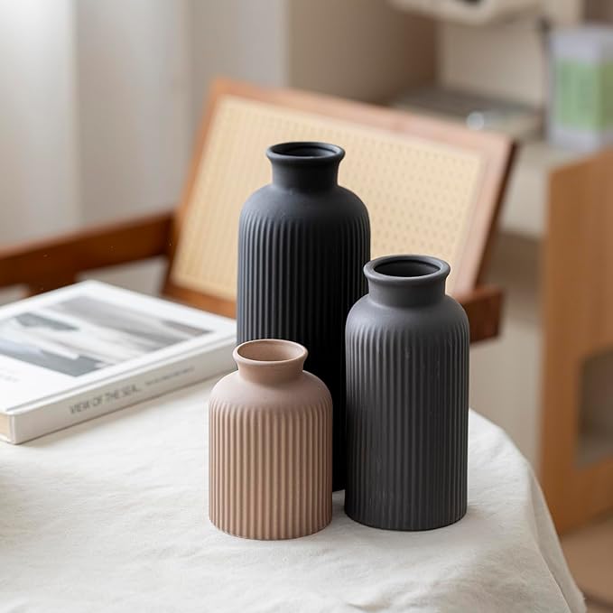 Large Modern Ceramic Vase Set, Black Ribbed Matte Finish, 3-Piece Decorative Vases for Home Living Room Office, 10 inch Tall, 4 inch Width (XL Black Mix) - Image 7
