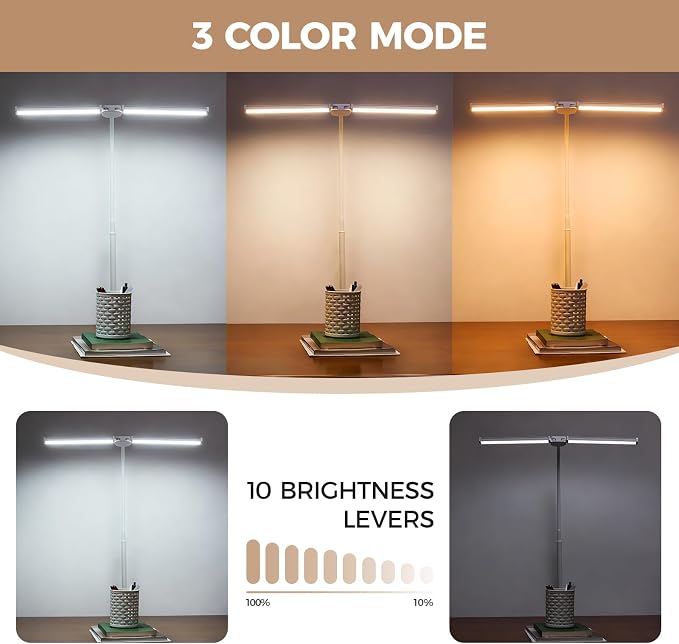 Voncerus LED Desk Lamp for Home Office, Double Head Desk Light with Clamp | 3 Modes 10 Brightness, Long Flexible Goose-Neck, Eye-Caring, Memory Function, Energy Efficient, USB Adapter, Metal, White - Image 3