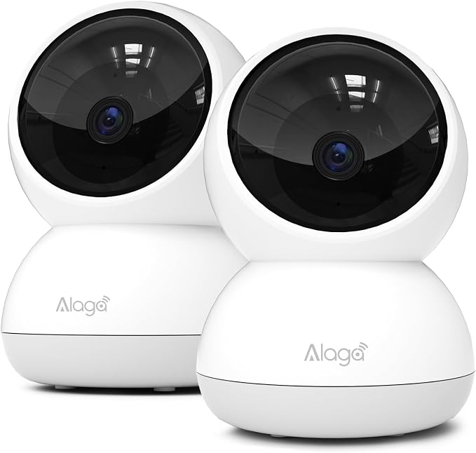 Alaga Indoor Security Camera,3K 5G and 2.4G WiFi, 360° Pan/Tilt, Human/Pet/Motion AI, Night Vision, Speaker, Indoor Camera with Phone App, Compatible with Alexa & Google Assistant，2-Pack White by Alagabrandflagship