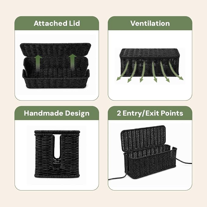 Cable Management Box, Handmade Rattan Cable Organizer with 2 Open Slots, Cord Hider for Power Strip, Router & USB Hub, Registered U.S. Design Patent (D1,112,102), 13" x 5.1" x 5.1", Black - Image 6