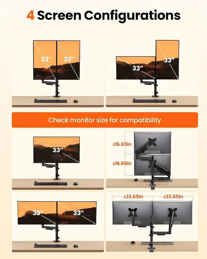 ErGear Dual Monitor Stand, Stacked Monitor Mount for 13-33″ Screens, Up to 19.8 lbs/Arm, Enhanced Stability with Integrated C-Clamp, Upgraded Cable Management, VESA 75x75/100x100mm, Home Office Gaming - Image 7