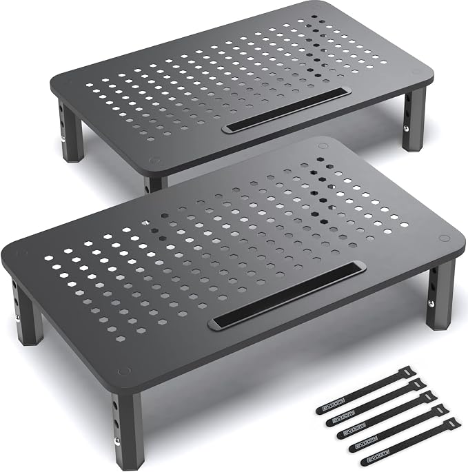 EVOOMI Back Saver Monitor Stand for Desk - 2 Pack Monitor Riser - Anti-Skid HD Hexagonal Steel Computer Stand - Free Cable Ties - Mesh Metal Computer Item Stand - Printer & iMac by EVOOMI