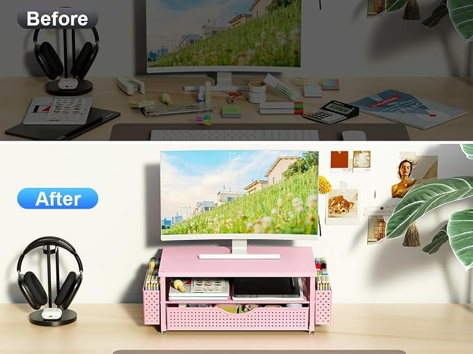 Spacrea Desk Organizer and Accessories, Computer Monitor Stand Riser with Drawer and 2 Pen Holders, Office Desk Accessories & Workspace Organizers for Office Supplies (Pink) - Image 2