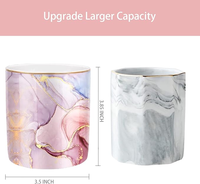 Pink Pen Holder for Desk, Premium Ceramic Pencil Holder Pen Cup Marker Holder Makeup Brush Holders, Desk Accessories & Workspace Organizers for Home, Office,Colorful Marble - Image 3