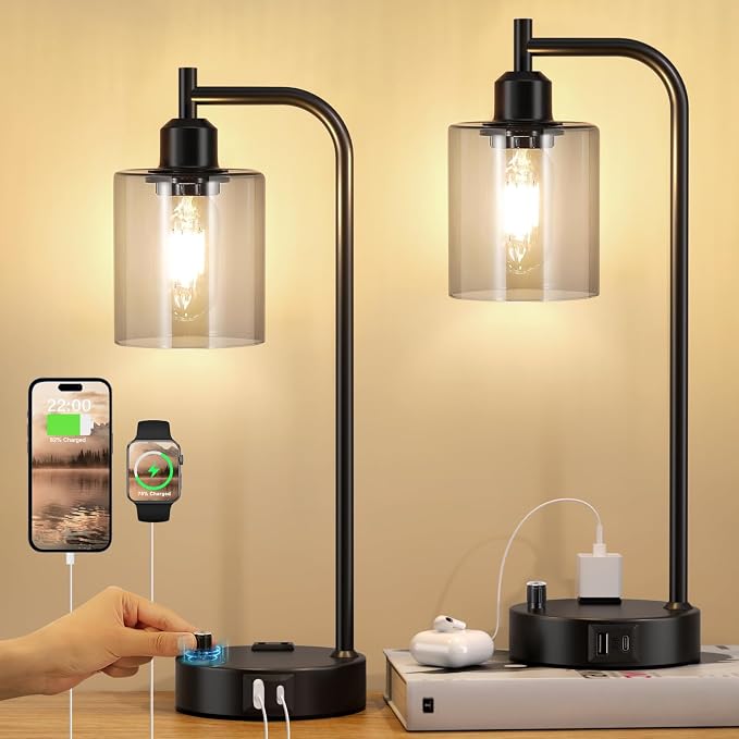 Industrial Desk Lamps for Office Set of 2 - Fully Dimmable Bedside Lamps with USB A C Ports and Outlet, Black Nightstand Lamps with Grey Glass Shade for Living Room, Table Lamps for Bedrooms Reading - Image 2