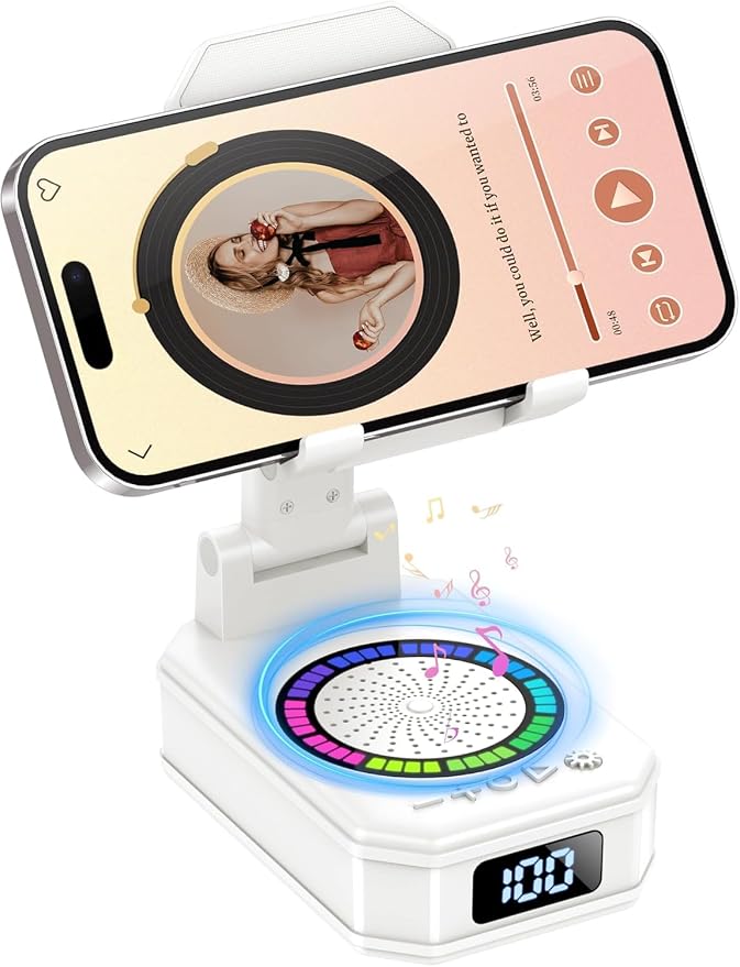Cell Phone Stand with Wireless Bluetooth Speaker and Colorful LED Lights, 4-in-1 Multifunctional Phone Holder Support Fast Charging, Adjustable Desktop Stand for iOS Android White by buwy