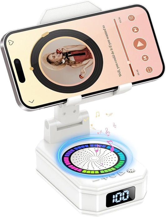 Cell Phone Stand with Wireless Bluetooth Speaker and Colorful LED Lights, 4-in-1 Multifunctional Phone Holder Support Fast Charging, Adjustable Desktop Stand for iOS Android White by buwy