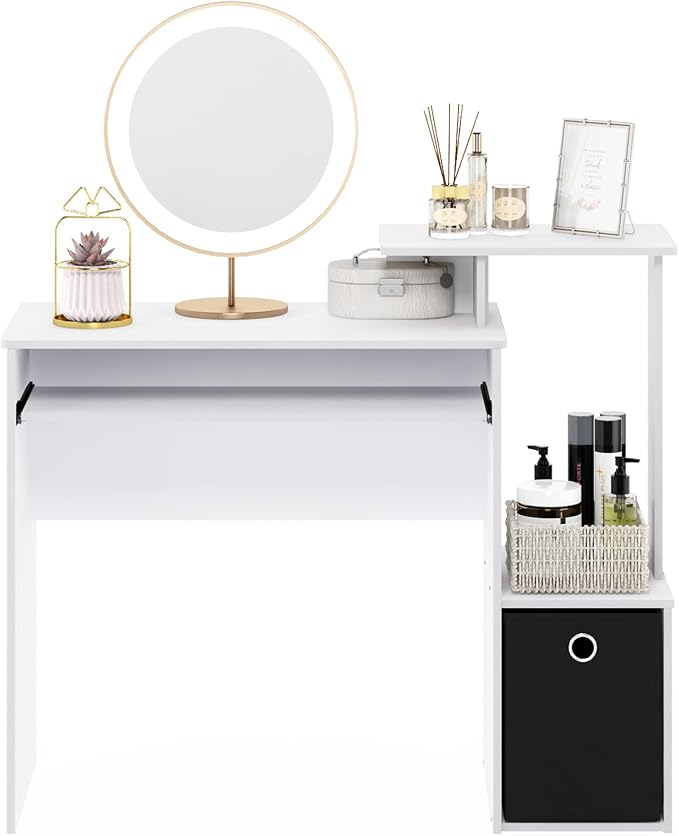 Furinno ECON Desk, 40" Wide Gaming Desk with Keyboard Tray, Computer Desk, Office Desk with Side Shelves and Storage Bin for Home Office, Plain White - Image 6