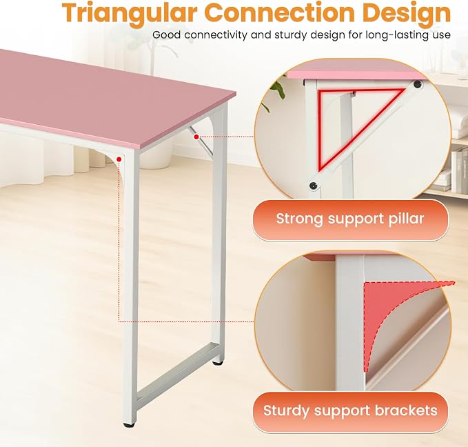 PayLessHere | 47 Inch Computer Desk | Pink | Office Desk with Metal Frame, Adjustable Feet | Water-Resistant, Scratchproof Surface | Sturdy Writing Table for Home Office or Study | Pack of 1 - Image 4