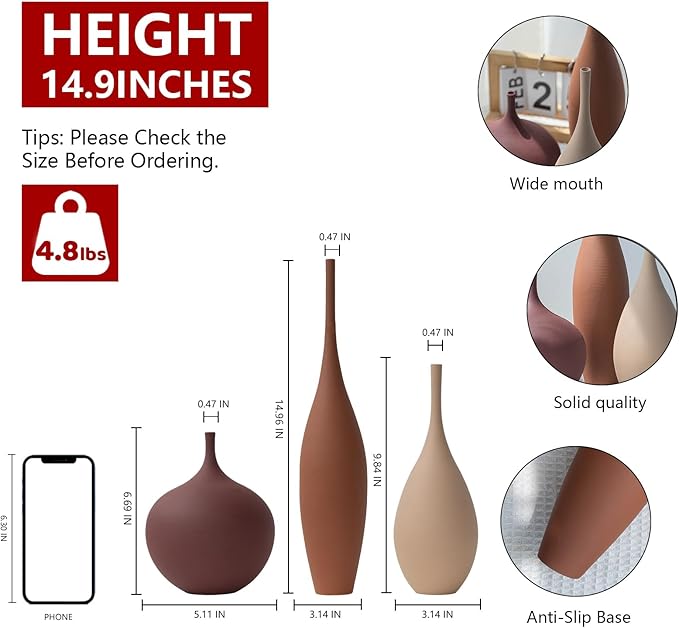Relexome Ceramic Modern Vase Set of 3 Farmhouse Decorative Vase Minimalist Aesthetic Vases for Centerpieces Matte Ribbed Vases for Home Decor Table Entryway Living Room (Brown+Khaki+ Dark Red) - Image 2