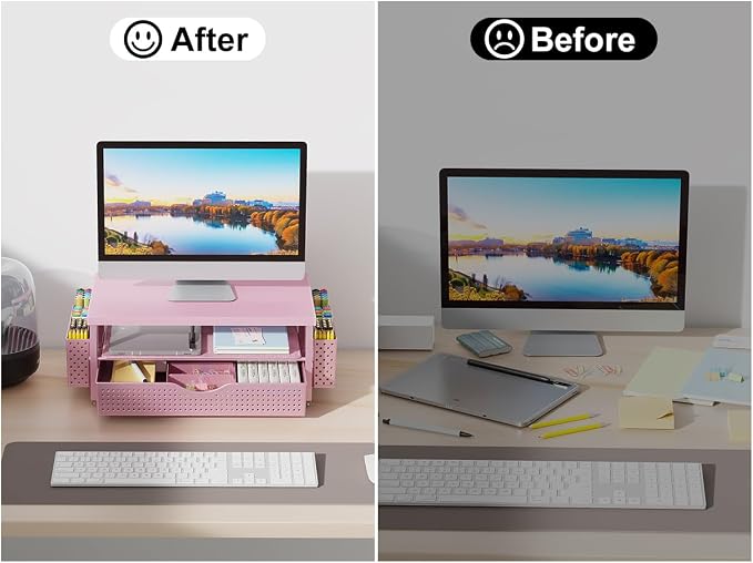 gianotter Desk Organizers and Accessories, Monitor Stand with Drawer and 2 Pen Holder, Desktop Organizer Suitable for Offices and Dormitories (Pink-Plain) - Image 2