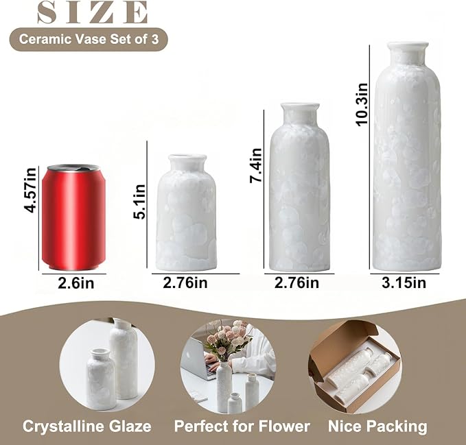 Modern Ceramic Vase Set of 3, White Crystalline Glaze Colors, Decorative Bottles for Home, Farmhouse Rustic Decor Housewarming Gifts, Wedding Gifts, Birthday Gifts for Women(Crystalline Glaze White) - Image 7