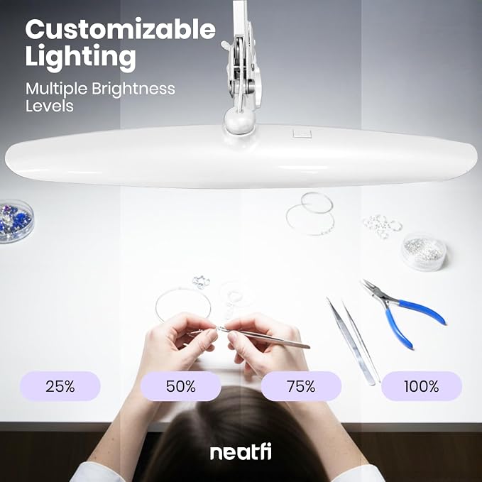 Neatfi XL 2200 Lumens 24W LED Desk Lamp – Shadow-Free Task Lighting | 4-Level Dimming | Home Office & Crafts Use | 20-Inch Wide Head (White, Non-CCT with Clamp) - Image 8