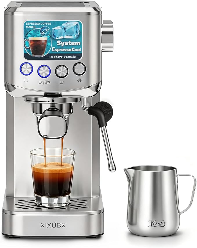 XIXUBX Cold Brew Espresso Maker with Milk Frother for Cappuccino & Latte | 20-Bar Pump, Built-in Pressure Gauge, Powerful Steam Wand, Milk Frothing Pitcher, 42 oz Removable Water Tank, Stainless Steel by XIXUBX