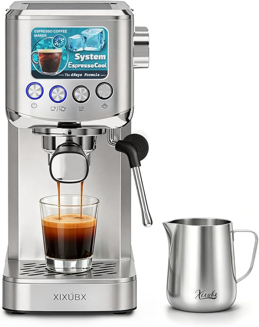 XIXUBX Cold Brew Espresso Maker with Milk Frother for Cappuccino & Latte | 20-Bar Pump, Built-in Pressure Gauge, Powerful Steam Wand, Milk Frothing Pitcher, 42 oz Removable Water Tank, Stainless Steel by XIXUBX