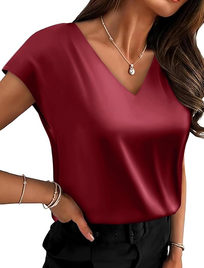 WIHOLL Womens Satin Summer Tops Cap Short Sleeve Blouses V Neck Shirts Business Casual Outfits Fashion Clothing 2026 - Image 2