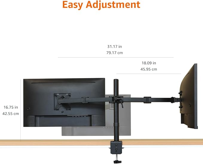 Amazon Basics Adjustable Dual Monitor Desk Mount, Supports up to 32 inch Monitors and 22 lbs per Arm, Adjustable Tension, VESA 75x75/100x100, Black - Image 4