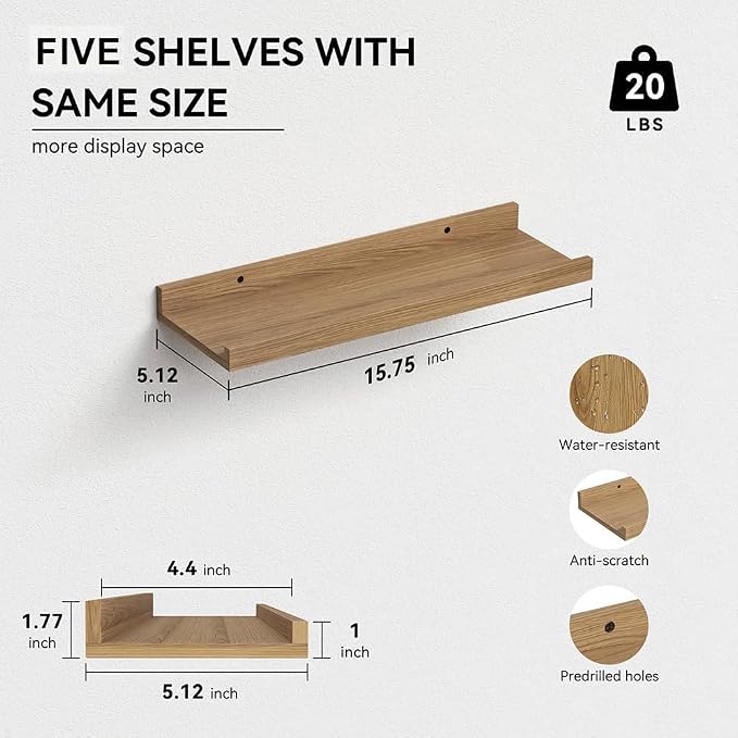 RICHER HOUSE 8-Set Floating Shelves with Lip, Oak Wall Mounted Wood Shelf | Display Picture Ledge Shelf, Anti-drop lip Shelf for Room Wall Decor, Bedroom Bathroom Storage Nursery Hanging Book Shelves - Image 3