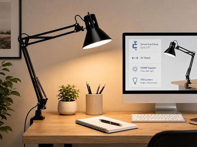 Bostitch Office VLF100 LED Swing Arm Desk Lamp with Clamp Mount, 36" Reach, Includes LED Bulb,Black - Image 2