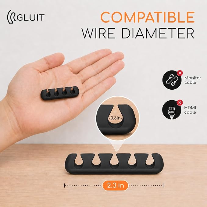 Cord Organizer for Desk, Nightstand Cable Holder, 5 Pack, Multislot, Black | GLUIT Adhesive Charger Organizer, Cable Management for Desk Car Office Home College Dorm Room Cable Clips for Cords - Image 4