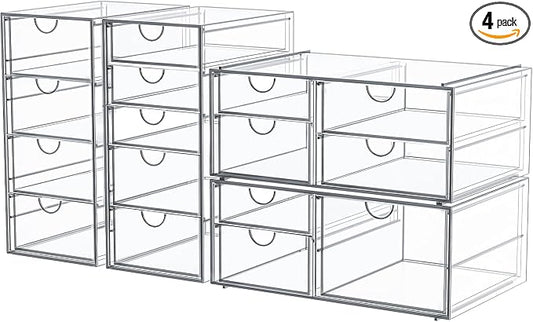 caktraie 4-Pack Acrylic 16-Drawer Storage & Makeup Organizer for Desk | Smooth-glide drawers, clear acrylic, stackable, dustproof, wipe clean, for office supplies, pens, jewelry, makeup by shoeboxesanddeskorganizers