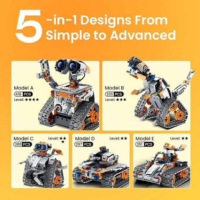 Sillbird Robot Building Kit with Remote Control STEM Gifts for Boys 8-13 | Coding Bot, Educational Birthday Presents, App-Controlled, Buildable 5in1 Models, Rechargeable Orange Robotic Set, 488 Pieces - Image 6