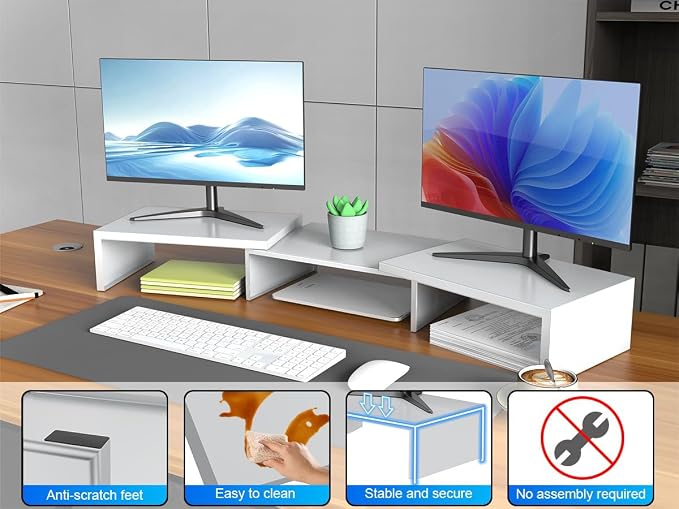 Dual Monitor Stand for Desk, Metal Computer Stand, Desk Shelf Riser,Desktop Organizer for Home and Office Use (White) - Image 6