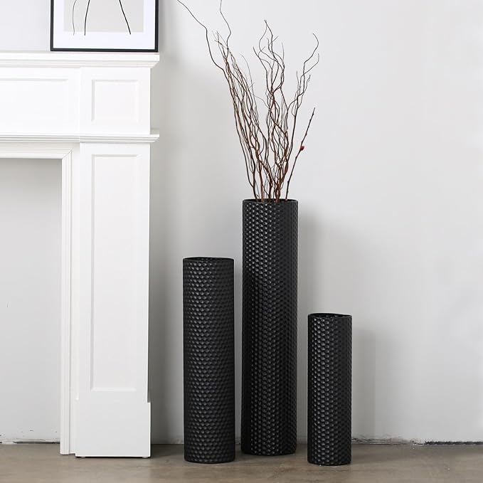 Dnnnii Tall Floor Vases Set of 3 - Black Metal Cylinder Vases for Living Room Corner, Modern Honeycomb Texture, Extra Large Standing Decor (Tallest 27.6in, Home Bedroom Dining Decor) by Dnnnii