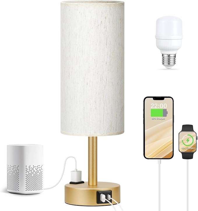 Fenmzee Gold Nightstand Bedroom Lamp - 3 Way Dimmable Bedside Lamp USB C A Charging Ports and AC Outlet, Small Table Lamp Linen Lampshade for Office Desk, LED Bulb Included - Image 5