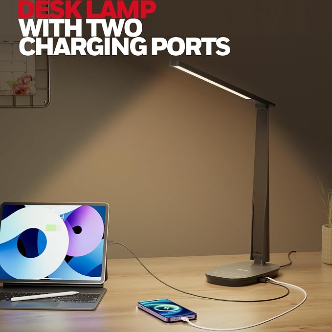 Honeywell HWT-H2 LED Desk Lamp for Home Office, CRI94 Full Spectrum Eye-Caring Light, Dimmable Table Lamp with USB-A & USB-C Charging Ports, Foldable Touch Control Reading Lamp, Black - Image 4