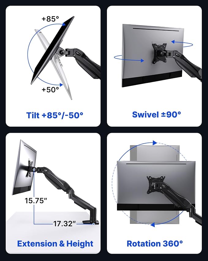 HUANUO FlowLift™ Single Monitor Mount, 13 to 32 Inch Monitor Arm, Adjustable Monitor Stand, Vesa Mount with Clamp and Grommet Base - Fits 4.4 to 19.8lbs LCD Computer Monitors - Image 5