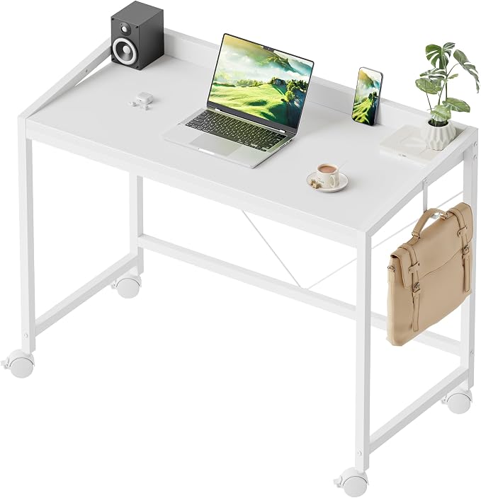 Mericonia 32x20 Inch Small Computer Desk with Wheels & Rear Lip | Simple Rolling Desk, Writing Table for Home Office Bedroom Work Study, White by MERICONIA