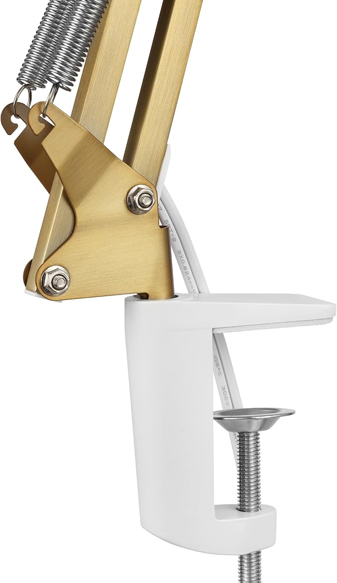 Globe Electric 62000010 32" Multi-Joint Desk Lamp with Metal Clamp, Matte Brass, White Accents, On/Off Rotary Switch on Shade, Partially Adjustable Swing Arm, Home Décor, Office Accessory - Image 7