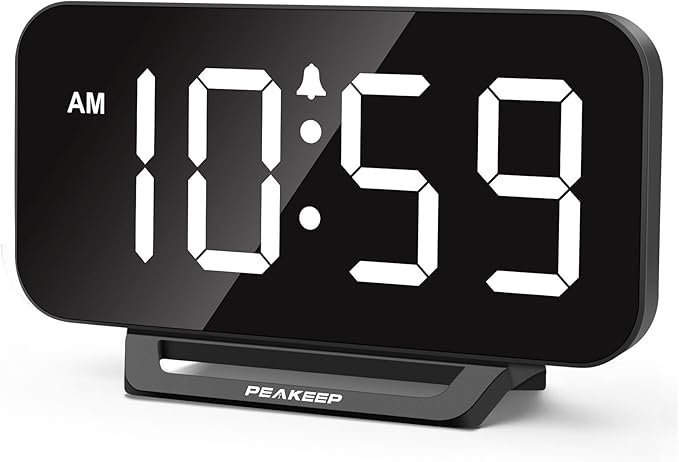 Peakeep Small Digital Alarm Clock for Bedrooms, Loud for Heavy Sleepers | Dimmable Plug in Electric Large Numbers Clock Battery Backup, Slim Clock for Table Office Modern Living Room (BW) by PEAKEEP