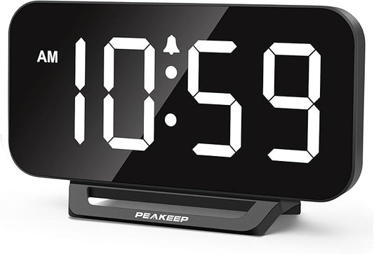 Peakeep Small Digital Alarm Clock for Bedrooms, Loud for Heavy Sleepers | Dimmable Plug in Electric Large Numbers Clock Battery Backup, Slim Clock for Table Office Modern Living Room (BW) by PEAKEEP