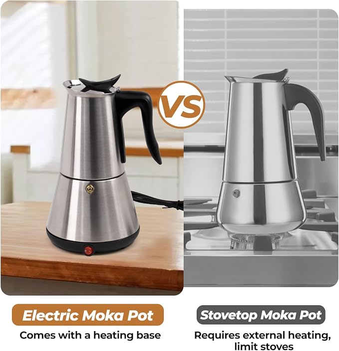 Electric Stainless Steel Moka Pot 6 Cup 300ml Mocha Pot | Espresso Maker with Detachable Base Ideal Coffee Maker for Home Italian and Cuban Café Coffeemaker Espressomaker Coffee Pot - Image 5