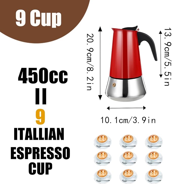 9 Cup Stovetop Espresso Maker Stainless Steel Moka Pot Stove Top Percolator Italian Coffee Makers Capable Mocha Greca Machine Cafe Classic Induction Cookers for Home and Camping 450ml 15oz - Image 2