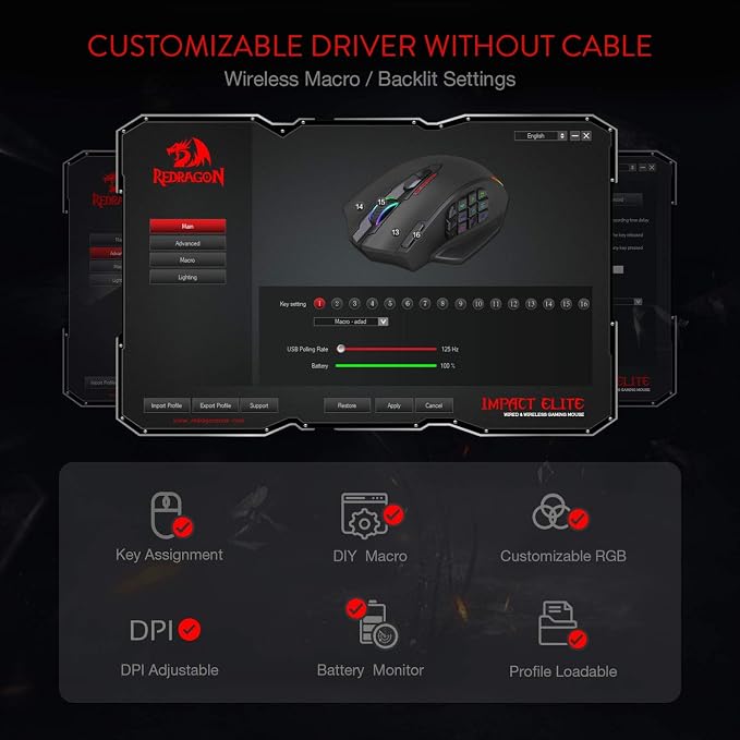 Redragon M913 Wireless RGB MMO Gaming Mouse 16000 DPI Remapping Keys | Cable-Free 0 Delay Dedicated for FPS Gamers, Redefine Keybinding Macro, Vibing Backlight, Ergonomic Grip Body Comfort - Image 6