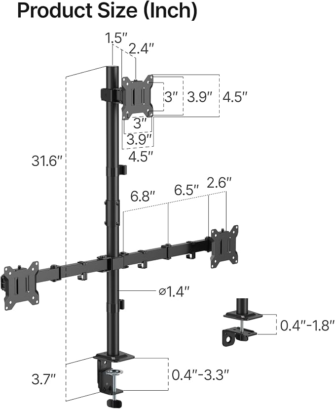monTEK Triple Monitor Stand for 17-32" Screens, 22 lbs Each | Three-screen desk mount, height adjustment, tilt, swivel, rotation, clamp/grommet bases and VESA 75/100 - Image 9