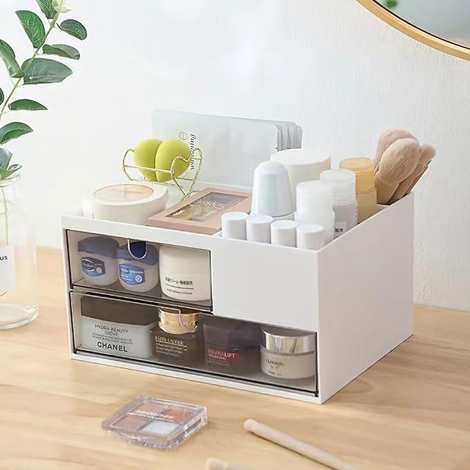 Desk Drawer Organizer, Desk Storage Box with 2 Drawers and 4 Compartments, Multifunctional Desk Accessories & Countertop Organizers for Office School Home (White） - Image 2