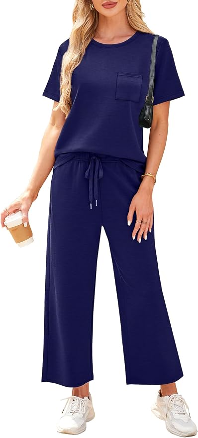 WIHOLL 2 Piece Sets for Women Casual Summer Travel Vacation Outfits Short Sleeve Wide Leg Crop Pants Lounge Sets - Image 2
