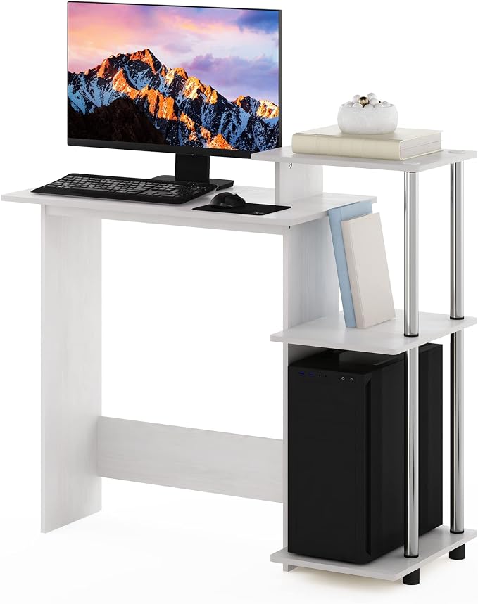 Furinno EFFICIENT Desk, 28.6" Wide Gaming Desk with 3 Open Side Shelves, Laptop Notebook Computer Desk, Office Desk for Home Office, Study Room, Dorm, Bedroom, White Oak/Stainless Steel by Furinno-FitsYourSpaceFitsYourBudget
