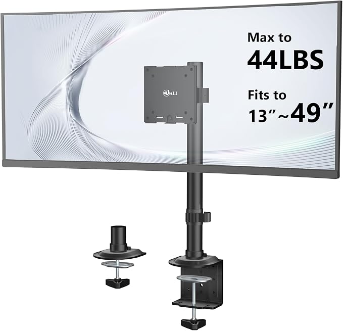 WALI Heavy Duty Single Monitor Arm Desk Mount for 13-49 Inch Screens, Ultrawide Monitor Stand with Full Motion Tilt, Swivel, Rotation, Holds up to 44 lbs, C-Clamp Mount for VESA 75/100mm,(M001S) by WALI
