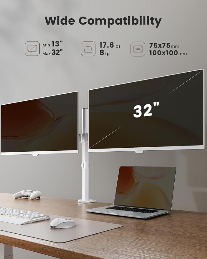 ErGear Fully Adjustable Dual Monitor Mount for 2 Screens up to 32 Inches, Holds up to 17.6 lbs Each Arm, Desk Stand, White - Image 2
