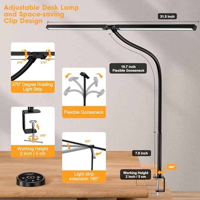 Pzloz Led Desk Lamp for Office Home - Eye Caring Architect lamp with Clamp,Dual Screen Computer Monitor Work Smart Light: 24W 5 Color Flexible Adjustable Lighting Table Lamp for Study Drafting - Image 5