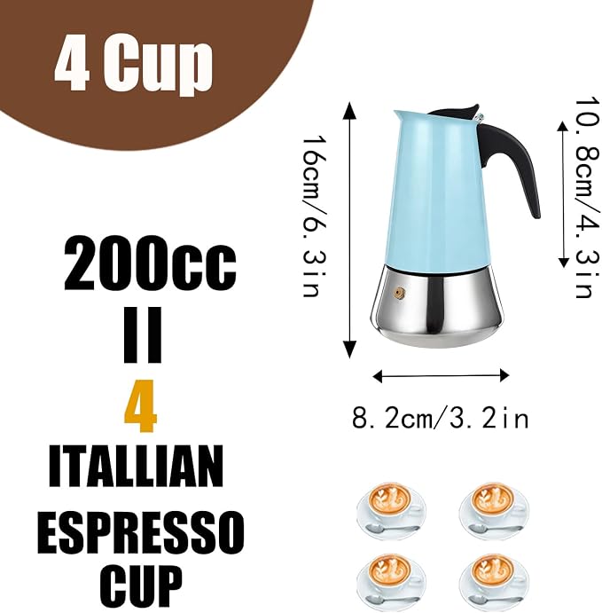 4 Cup Stovetop Espresso Maker Stainless Steel Moka Pot Stove Top Percolator Italian Coffee Makers Capable Mocha Greca Machine Cafe Classic Induction Cookers for Home and Camping 200ml 6.6oz - Image 3
