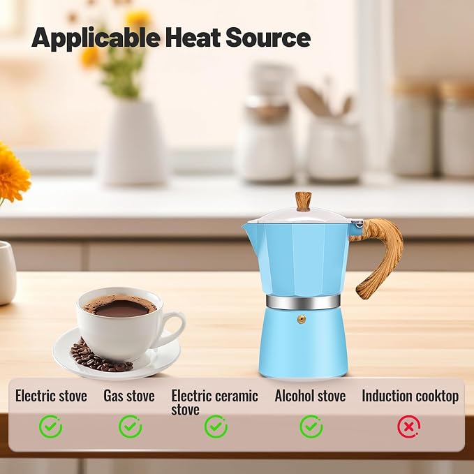 3 Cup Aluminum Moka Pot Classic Stovetop Espresso Coffee Maker 150ml 5oz Coffeemaker Percolator Mocha Pot Greca Coffee Maker Cafe Makers for Italian and Cuban Café Brewing Blue - Image 4