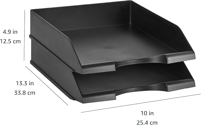 Amazon Basics Rectangular Stackable Desk Organizer Office Letter Tray, File Storage, Paper Organizer, Black, 2-Pack - Image 4
