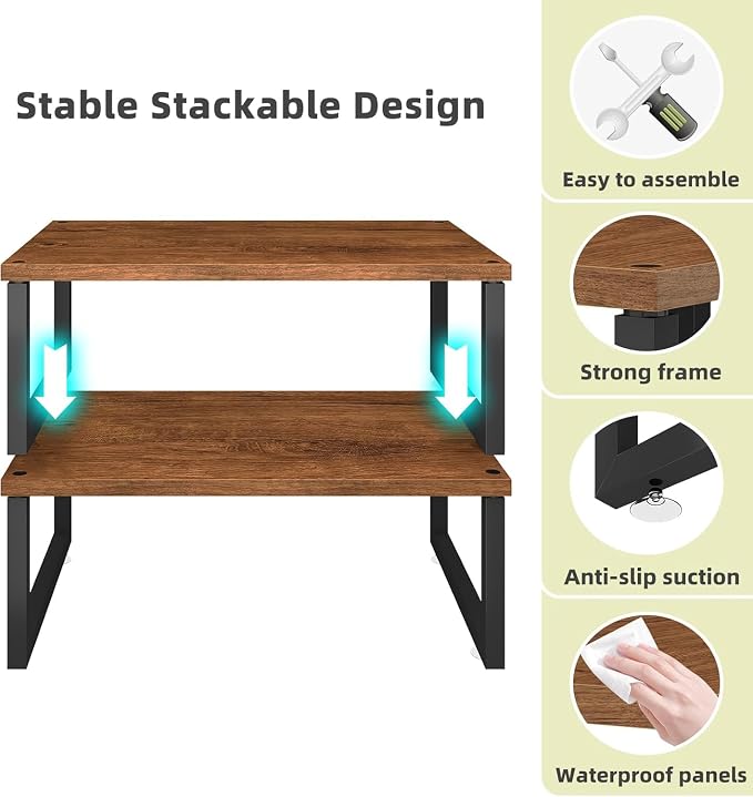 Simple Trending 2 Pack Monitor Stand Riser, Wood Desk Storage Organizer for Office Laptop, Computer, Antique Brown - Image 3